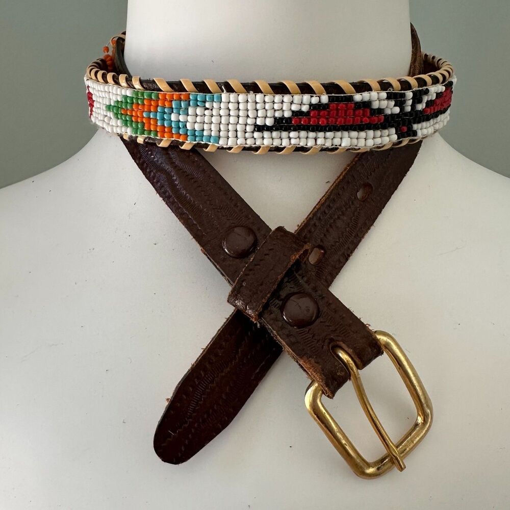 Vintage Beaded Western Belt Seed Bead Geometric Thunderbird Southwestern Boho - Picture 4 of 15